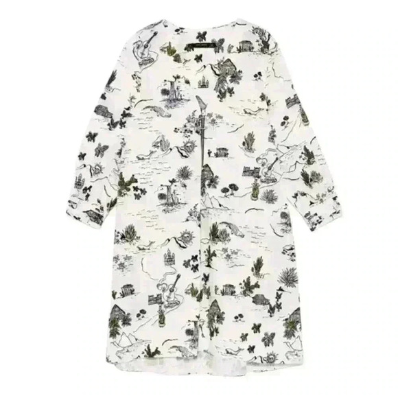 Zara Cactus Print Tunic Shirt Dress with Zip V Neck Front Zipper - Picture 3 of 10